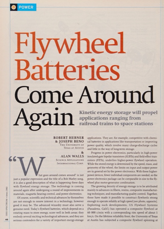Hebner, Beno & Walls, Flywheel Batteries Come Around Again — IEEE Spectrum, April 2002