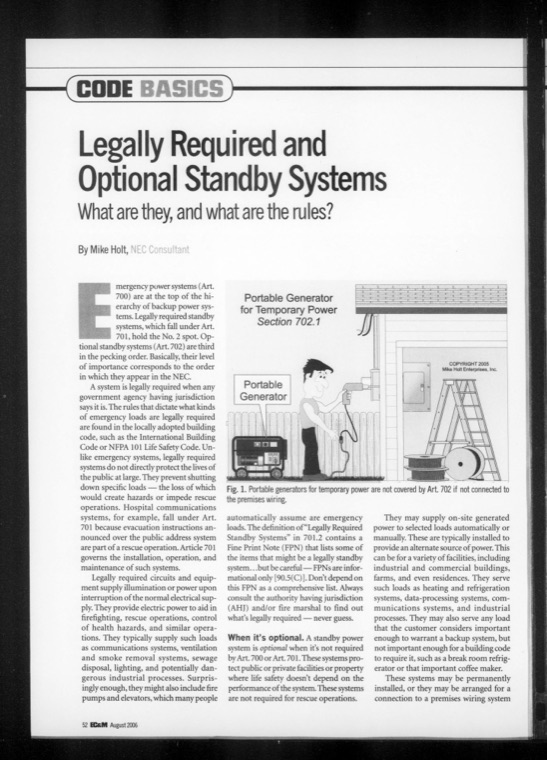 Holt, Legally Required and Optional Standby Systems — EC&M, August 2006