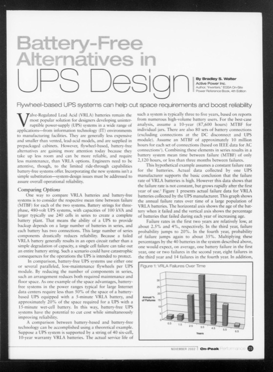 Walter, flywheel vs VRLA MTBF analysis — Consulting-Specifying Engineer, November 2002